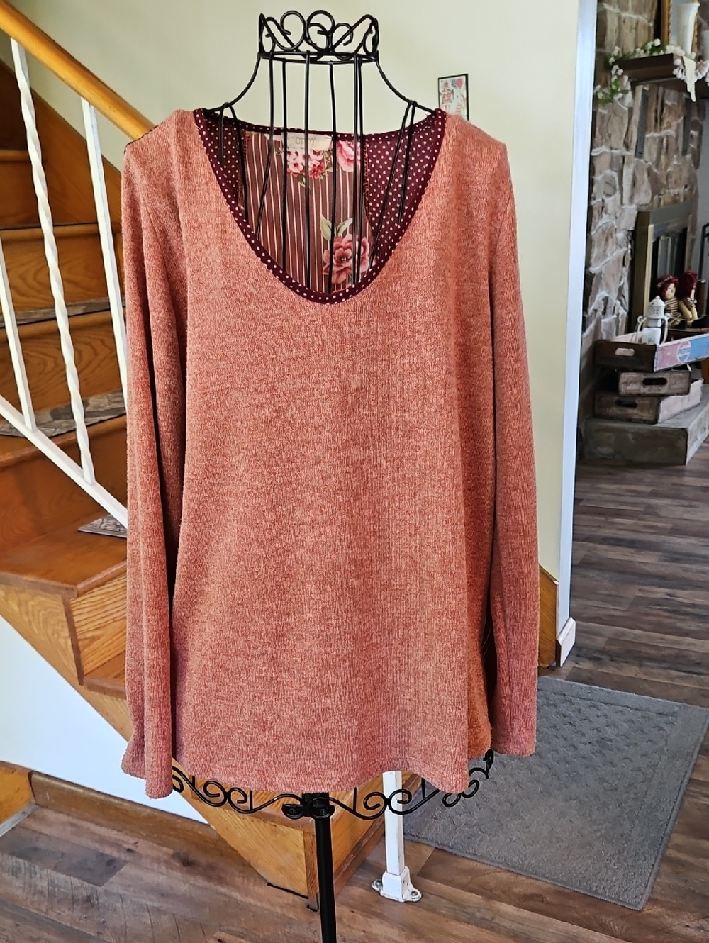 👚ODDY Burgundy Floral Scoop-Neck Knit Top